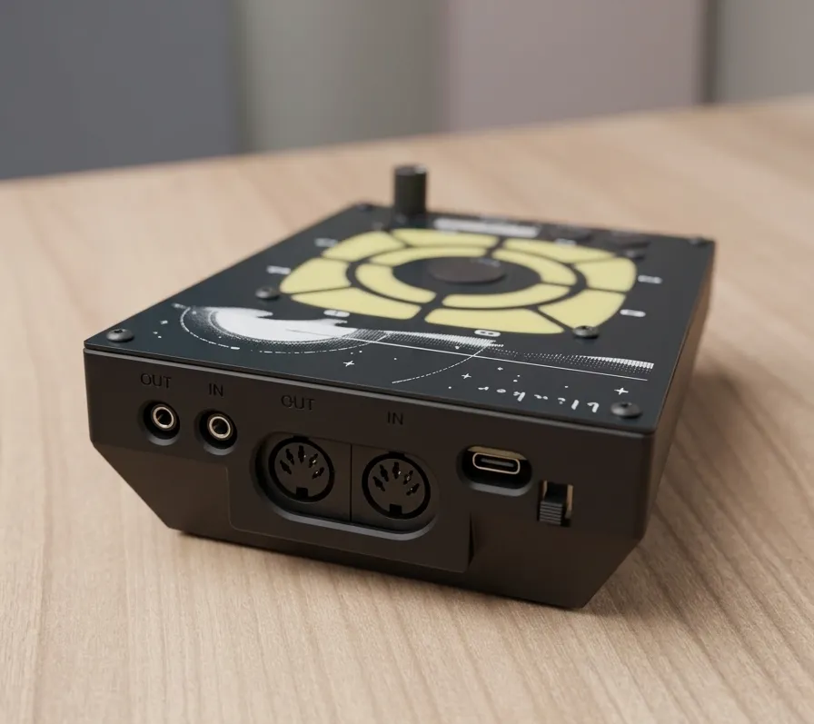 Blinker — rear panel with MIDI, audio and USB-C connectors
